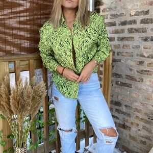 Neon green zebra button down vintage 80s top small